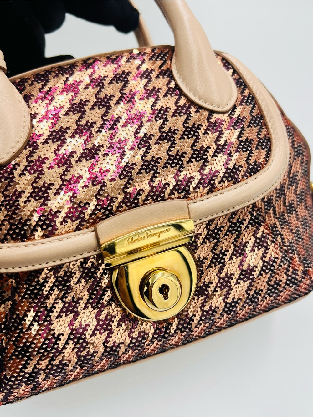 Salvatore Ferragamo Sequin Houndstooth Fiamma Satchel/Crossbody Bag - Picture 6 of 13
